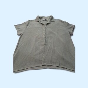 Tina Stephens Italy Cotton Linen Gauze Short Sleeve Button Up Top